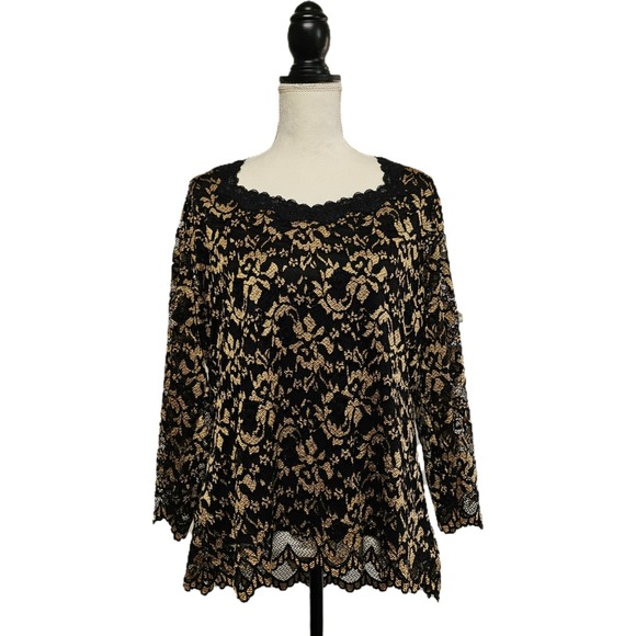 Coldwater Creek Tops - Coldwater Creek Black & Gold Lace Scalloped Hem Top Size XL Whimsigoth Romantic